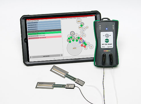 Das Kontaktstreifenmessgerät NIP CON SMART bestehend aus den Sensoren, dem Handgerät und Tablet 