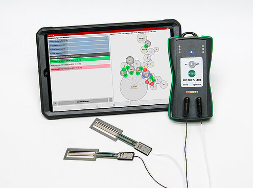 The Contact Zone Measuring System NIP CON SMART consisting of the sensors, the hand-held device and tablet