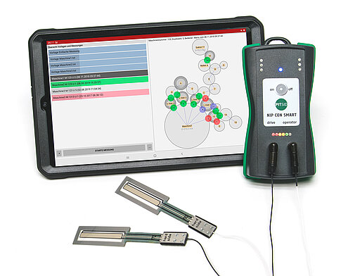 Das Kontaktstreifenmessgerät NIP CON SMART bestehend aus den Sensoren, dem Handgerät und Tablet